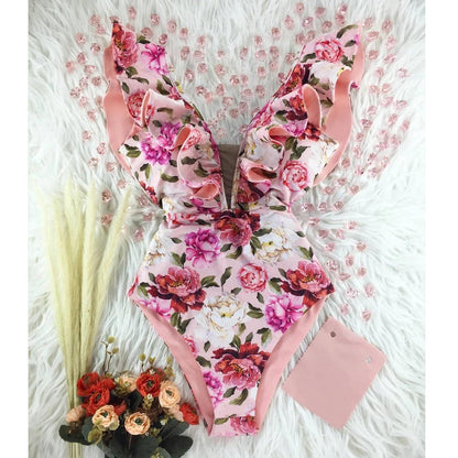 Deep V-neck Ruffle Shoulders One Piece Swimsuit - AdDRESSingMe