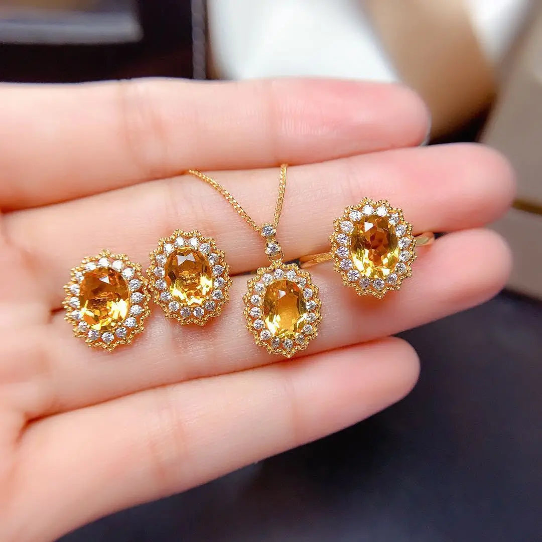 Yellow Stone Necklace Ring and Earrings Set