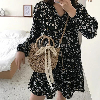 Hand-Woven Rattan Moon Shape Lace Bow Bag - AdDRESSingMe
