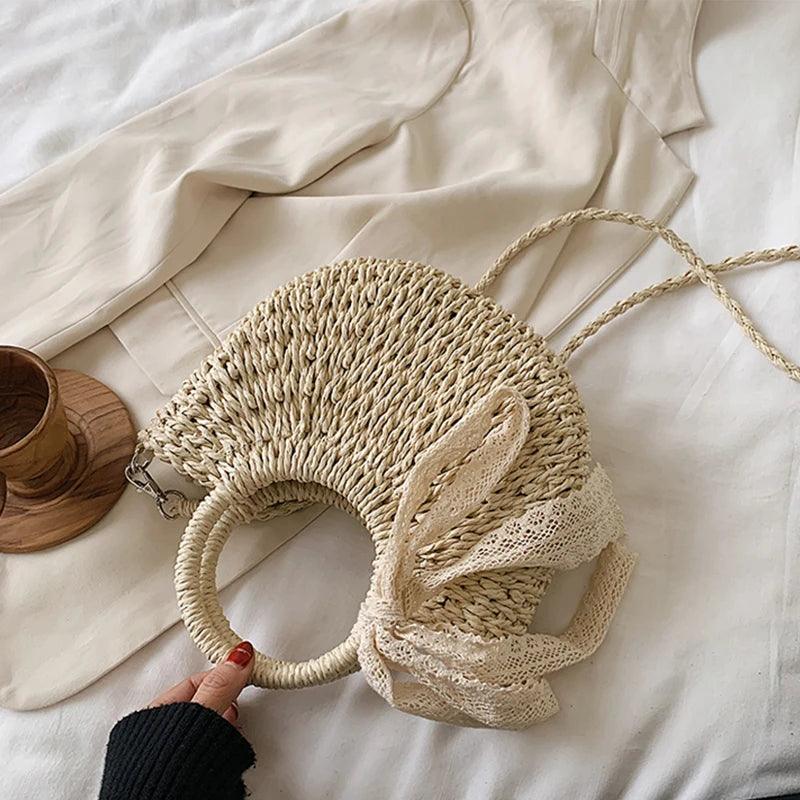 Hand-Woven Rattan Moon Shape Lace Bow Bag - AdDRESSingMe
