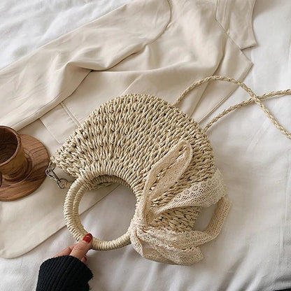 Hand-Woven Rattan Moon Shape Lace Bow Bag - AdDRESSingMe