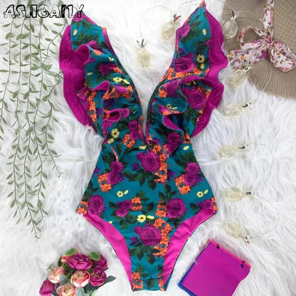 Deep V-neck Ruffle Shoulders One Piece Swimsuit - AdDRESSingMe