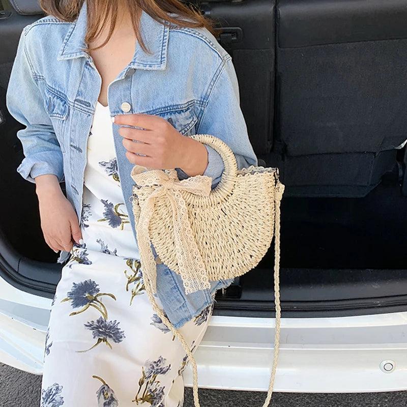 Hand-Woven Rattan Moon Shape Lace Bow Bag - AdDRESSingMe