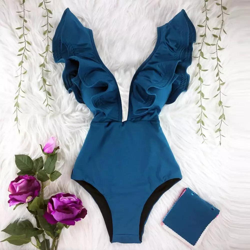 Deep V-neck Ruffle Shoulders One Piece Swimsuit - AdDRESSingMe