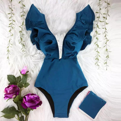 Deep V-neck Ruffle Shoulders One Piece Swimsuit - AdDRESSingMe