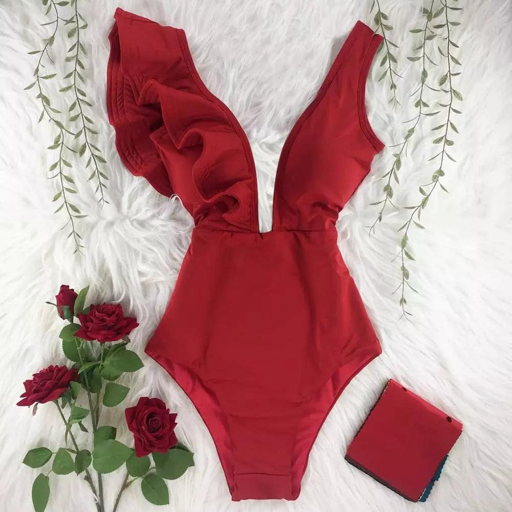 Deep V-neck Ruffle Shoulders One Piece Swimsuit - AdDRESSingMe