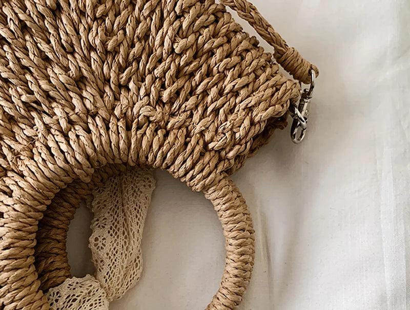 Hand-Woven Rattan Moon Shape Lace Bow Bag - AdDRESSingMe