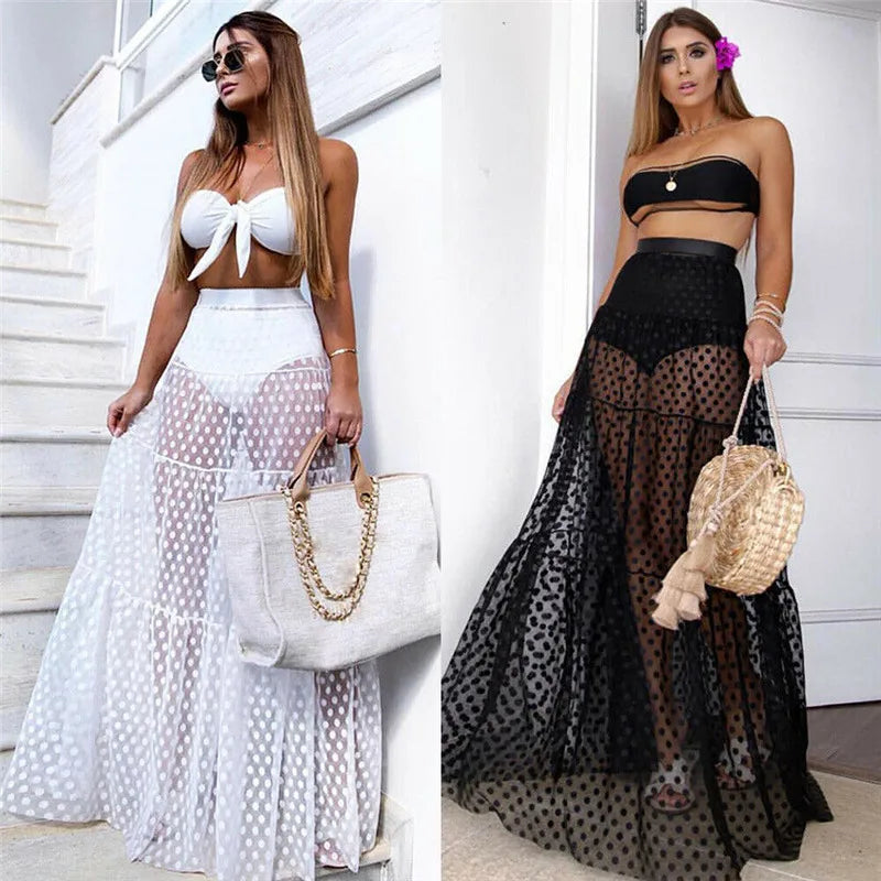 Women Maxi Elastic Waist Polka Dot Swimsuit Cover Up Skirt