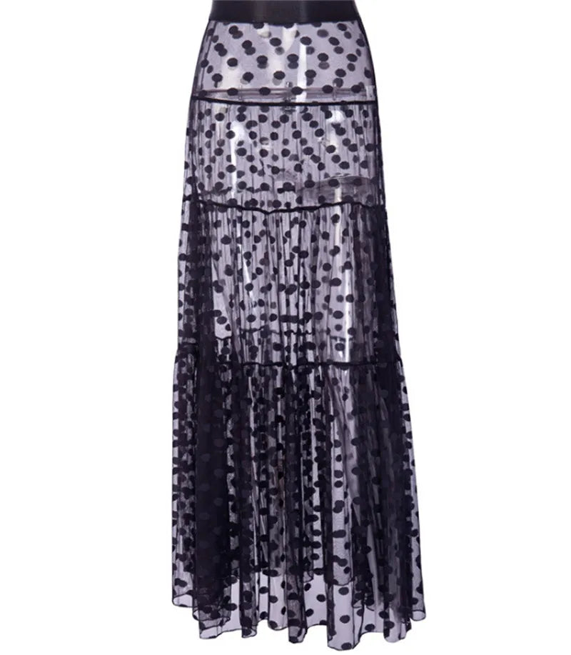Women Maxi Elastic Waist Polka Dot Swimsuit Cover Up Skirt
