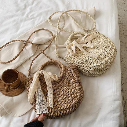 Hand-Woven Rattan Moon Shape Lace Bow Bag - AdDRESSingMe