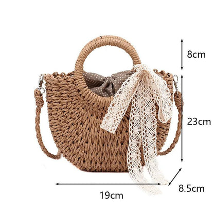 Hand-Woven Rattan Moon Shape Lace Bow Bag - AdDRESSingMe