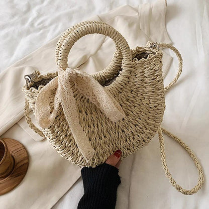 Hand-Woven Rattan Moon Shape Lace Bow Bag - AdDRESSingMe