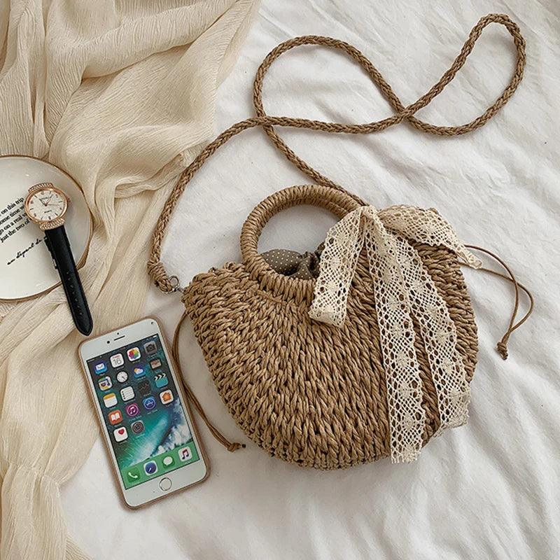 Hand-Woven Rattan Moon Shape Lace Bow Bag - AdDRESSingMe