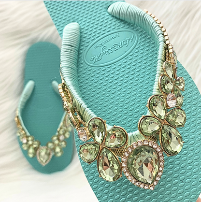AdDRESSingMe™ Luxurious Light Green Flip Flops With Rhinestones – Fresh, Soft & Sparkly