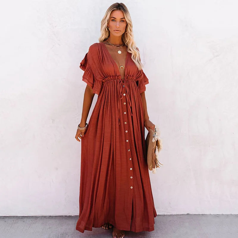 Elegant White Button-Down Maxi Beach Cover-Up Dress for Women – Lightweight Summer Kimono Cardigan - AdDRESSingMe