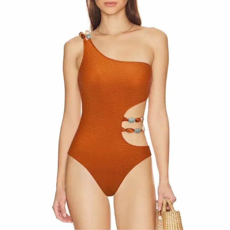 One Piece One Shoulder Swimsuit with Beads on Waist and with Skirt in Orange - AdDRESSingMe