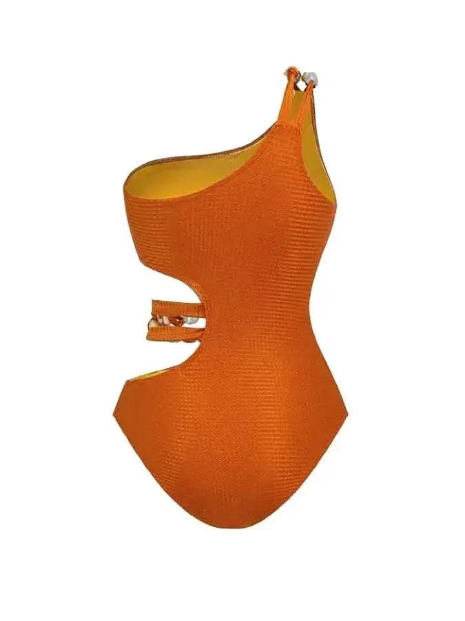 One Piece One Shoulder Swimsuit with Beads on Waist and with Skirt in Orange - AdDRESSingMe
