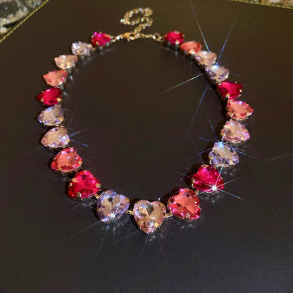 Pink Geometric Heart Crystal Choker Necklace for Women
