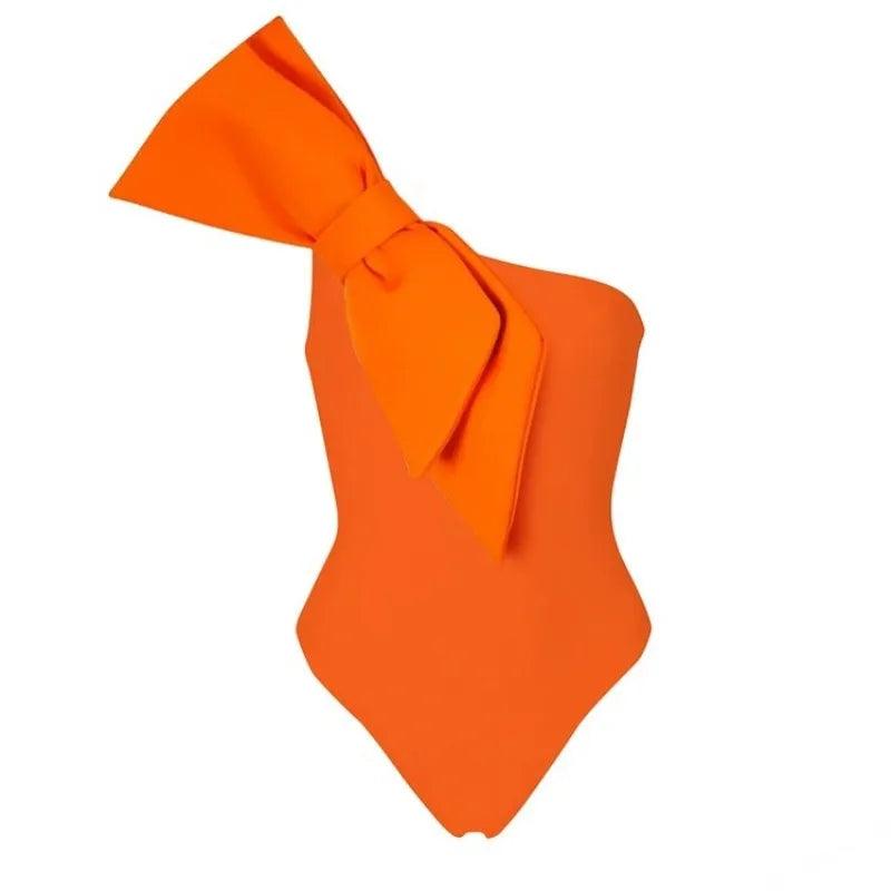 One Piece Solid Orange One Shoulder Swimsuit With Skirt - AdDRESSingMe