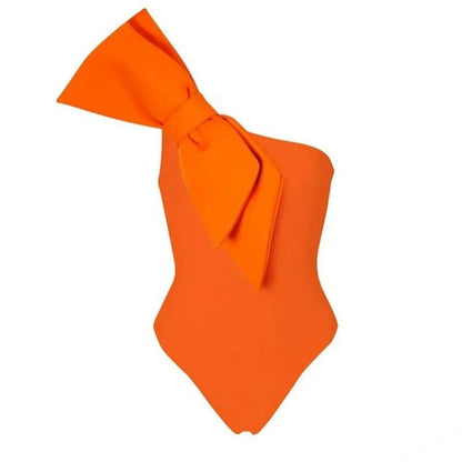 One Piece Solid Orange One Shoulder Swimsuit With Skirt - AdDRESSingMe