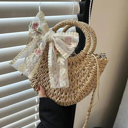 Hand-Woven Rattan Moon Shape Lace Bow Bag - AdDRESSingMe