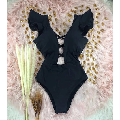 Deep V-neck Ruffle Shoulders One Piece Swimsuit - AdDRESSingMe