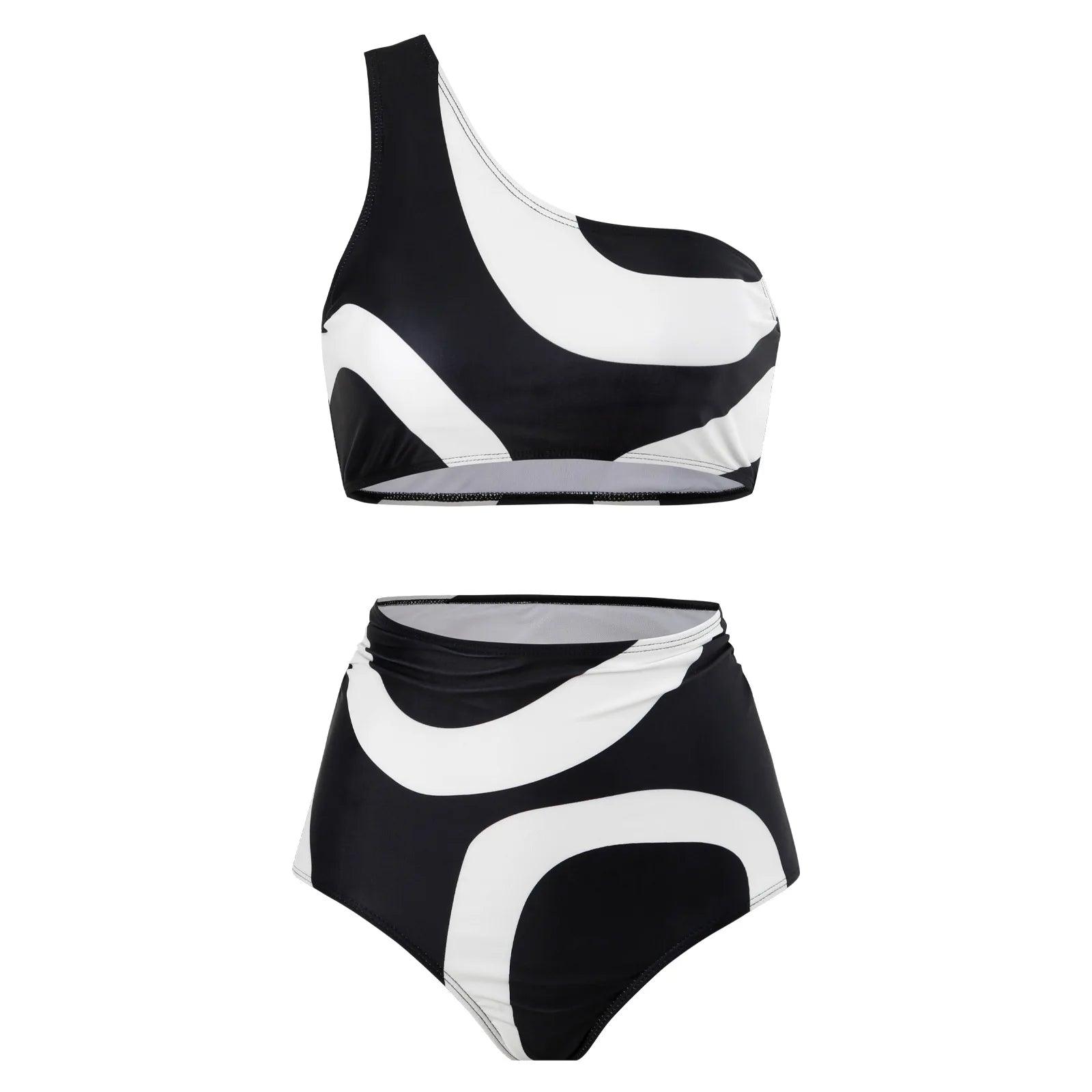 Black and White High Waist One Shoulder Geometric Shape Bikini Set - AdDRESSingMe