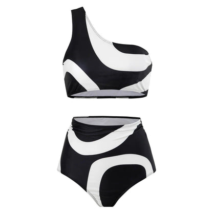 Black and White High Waist One Shoulder Geometric Shape Bikini Set - AdDRESSingMe