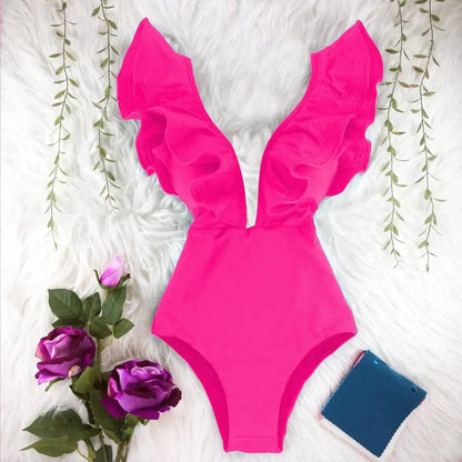 Deep V-neck Ruffle Shoulders One Piece Swimsuit - AdDRESSingMe