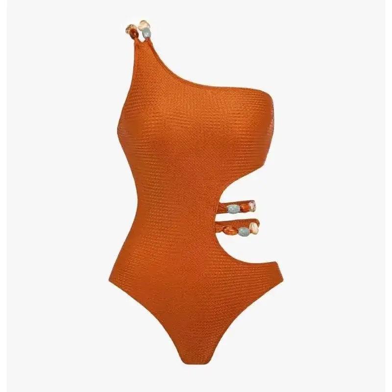 One Piece One Shoulder Swimsuit with Beads on Waist and with Skirt in Orange - AdDRESSingMe