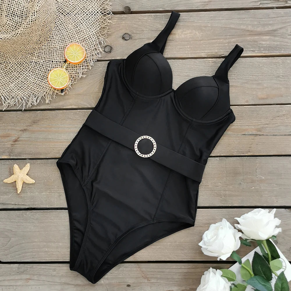 Elegant One Piece Pink Push Up Swimsuit With Belt