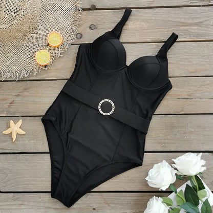 Elegant One Piece Pink Push Up Swimsuit With Belt