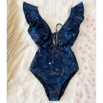 Deep V-neck Ruffle Shoulders One Piece Swimsuit - AdDRESSingMe
