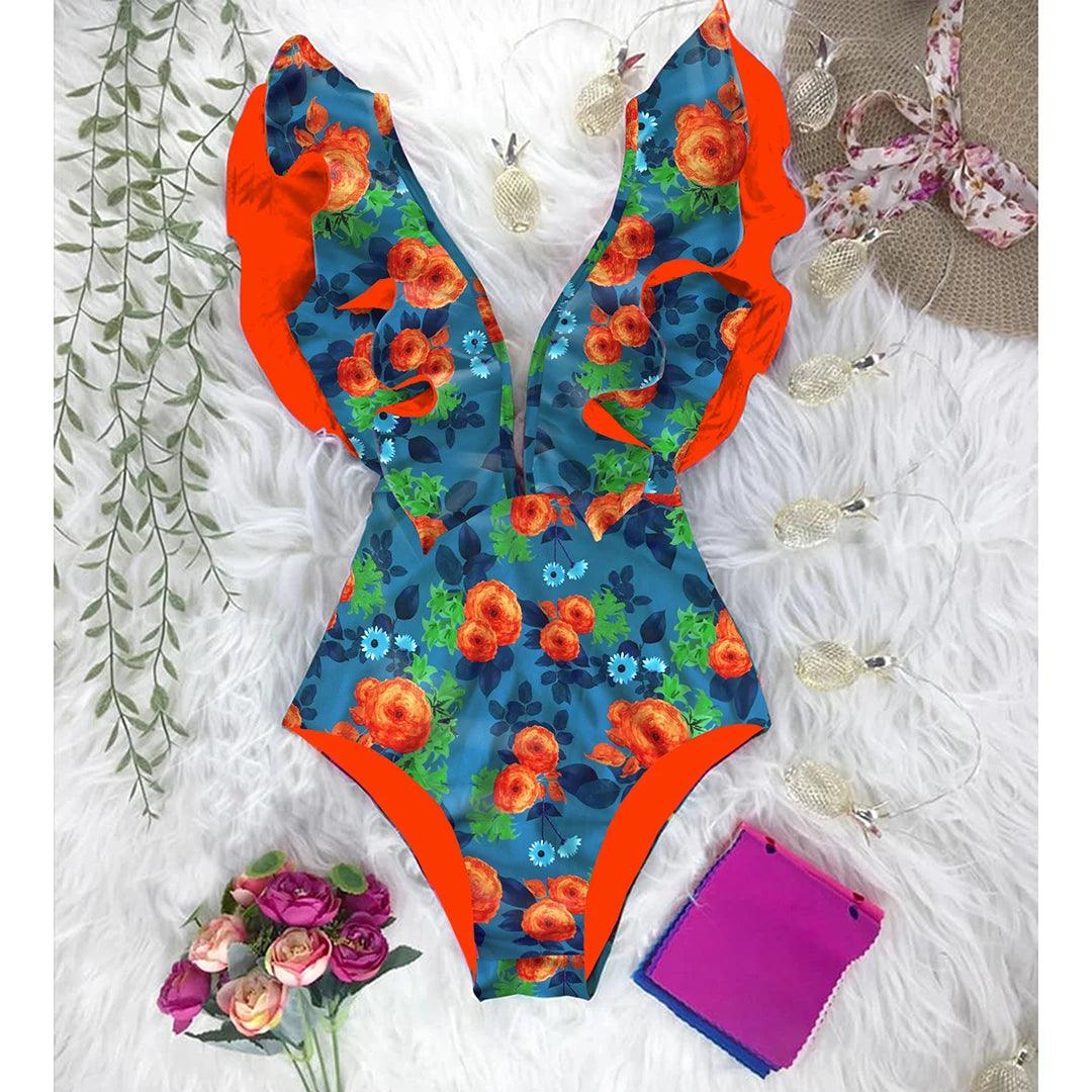 Deep V-neck Ruffle Shoulders One Piece Swimsuit - AdDRESSingMe