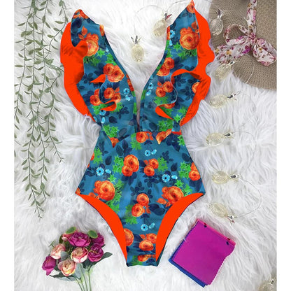 Deep V-neck Ruffle Shoulders One Piece Swimsuit - AdDRESSingMe