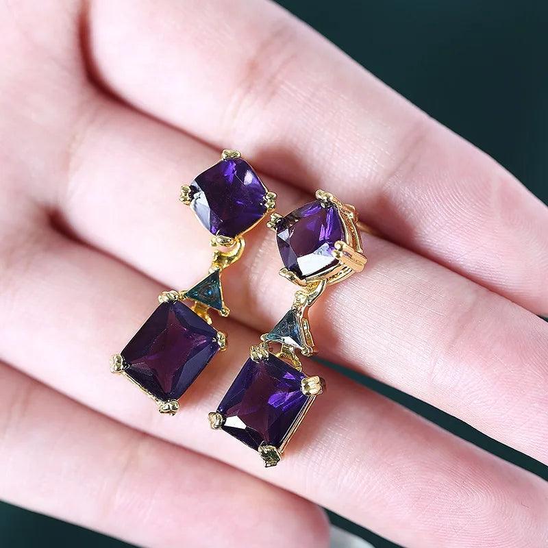 Square Purple Crystal Drop Earring