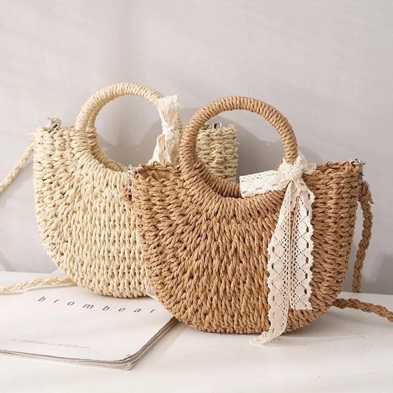 Hand-Woven Rattan Moon Shape Lace Bow Bag - AdDRESSingMe