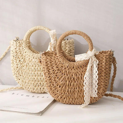 Hand-Woven Rattan Moon Shape Lace Bow Bag - AdDRESSingMe