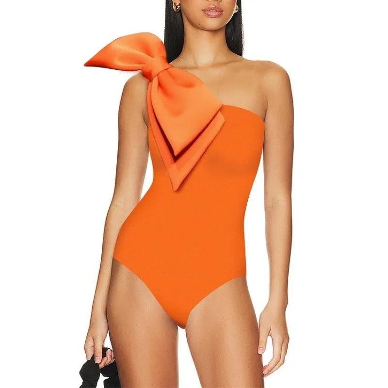 One Piece Solid Orange One Shoulder Swimsuit With Skirt - AdDRESSingMe