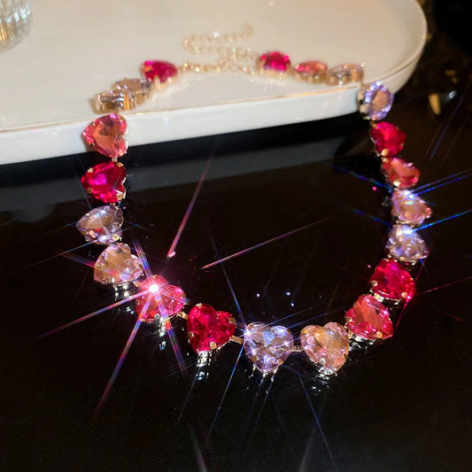 Pink Geometric Heart Crystal Choker Necklace for Women