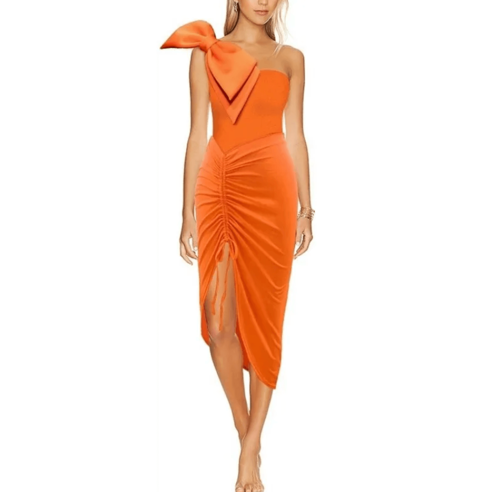 One Piece Solid Orange One Shoulder Swimsuit With Skirt - AdDRESSingMe