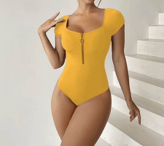 Short Sleeve Solid Color Zipper Up Push Up One Piece Swimsuit