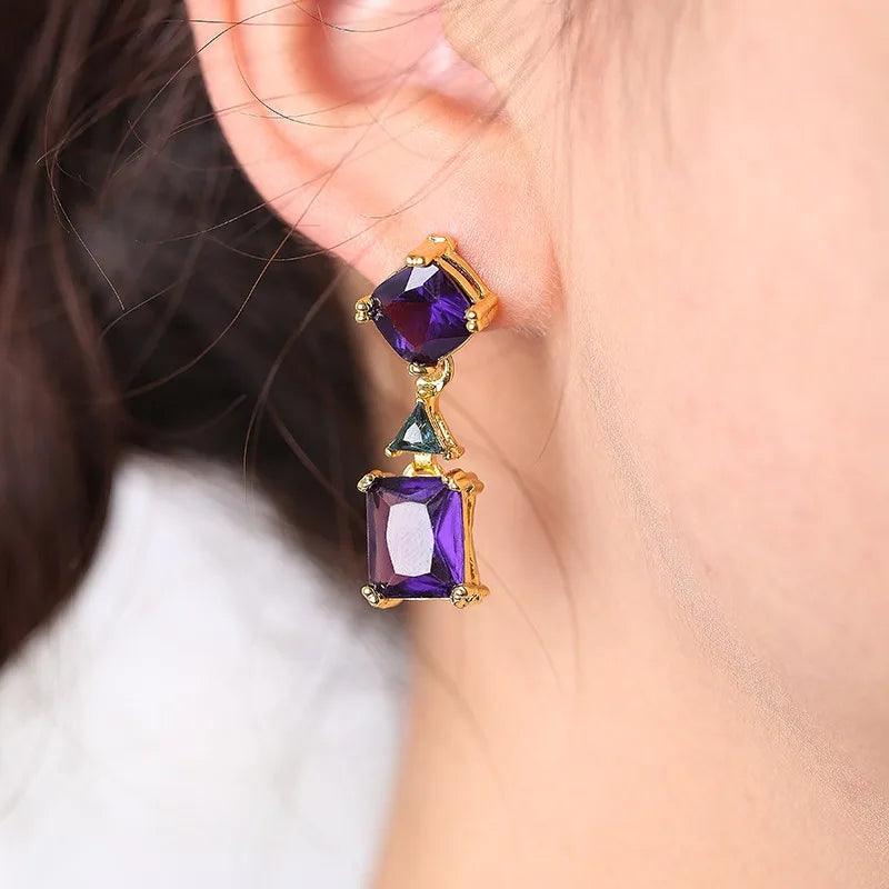 Square Purple Crystal Drop Earring