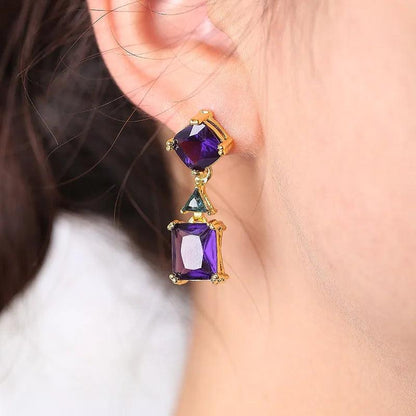Square Purple Crystal Drop Earring