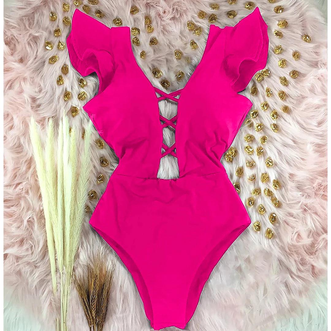 Deep V-neck Ruffle Shoulders One Piece Swimsuit - AdDRESSingMe