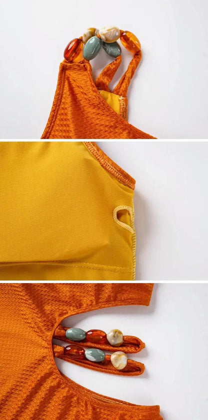 One Piece One Shoulder Swimsuit with Beads on Waist and with Skirt in Orange - AdDRESSingMe