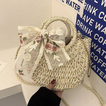 Hand-Woven Rattan Moon Shape Lace Bow Bag - AdDRESSingMe