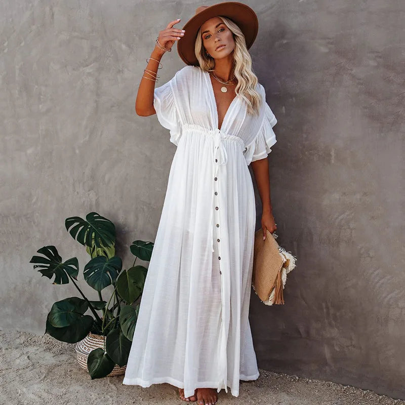 Elegant White Button-Down Maxi Beach Cover-Up Dress for Women – Lightweight Summer Kimono Cardigan - AdDRESSingMe