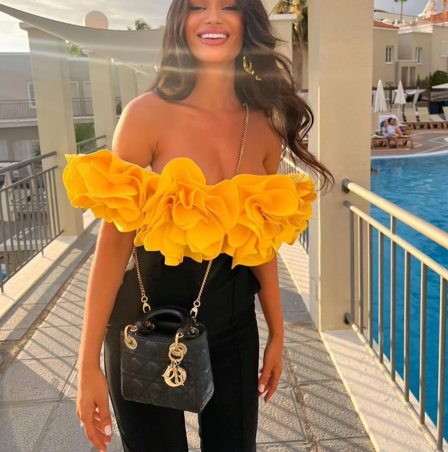 Vibrant Ruffled Chest Yellow Swimsuit With Skirt