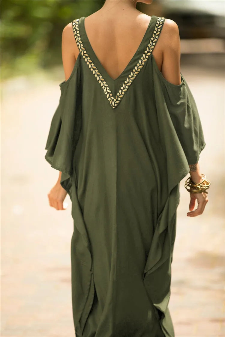 Women's Cold Shoulder Kaftan Dress - Olive Green Boho Beach Cover Up - AdDRESSingMe